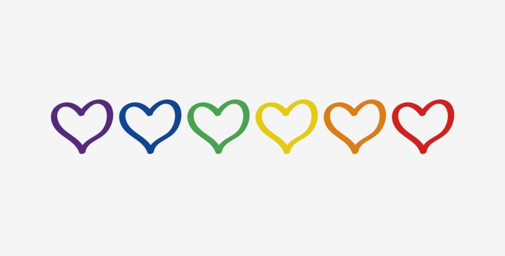 Six rainbow hearts