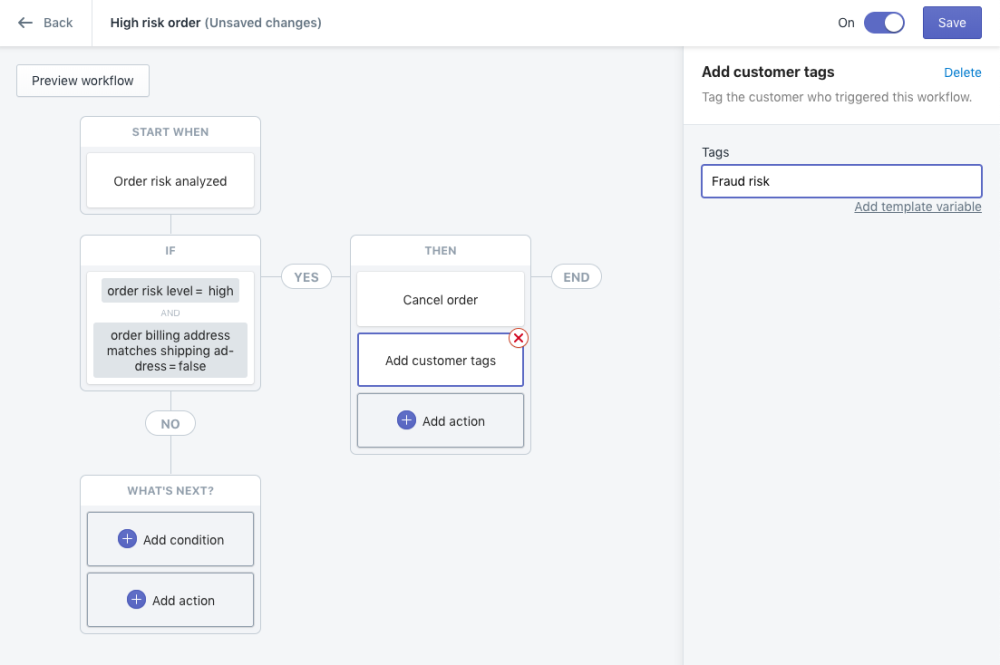 A screenshot of customer tags being added to the workflow