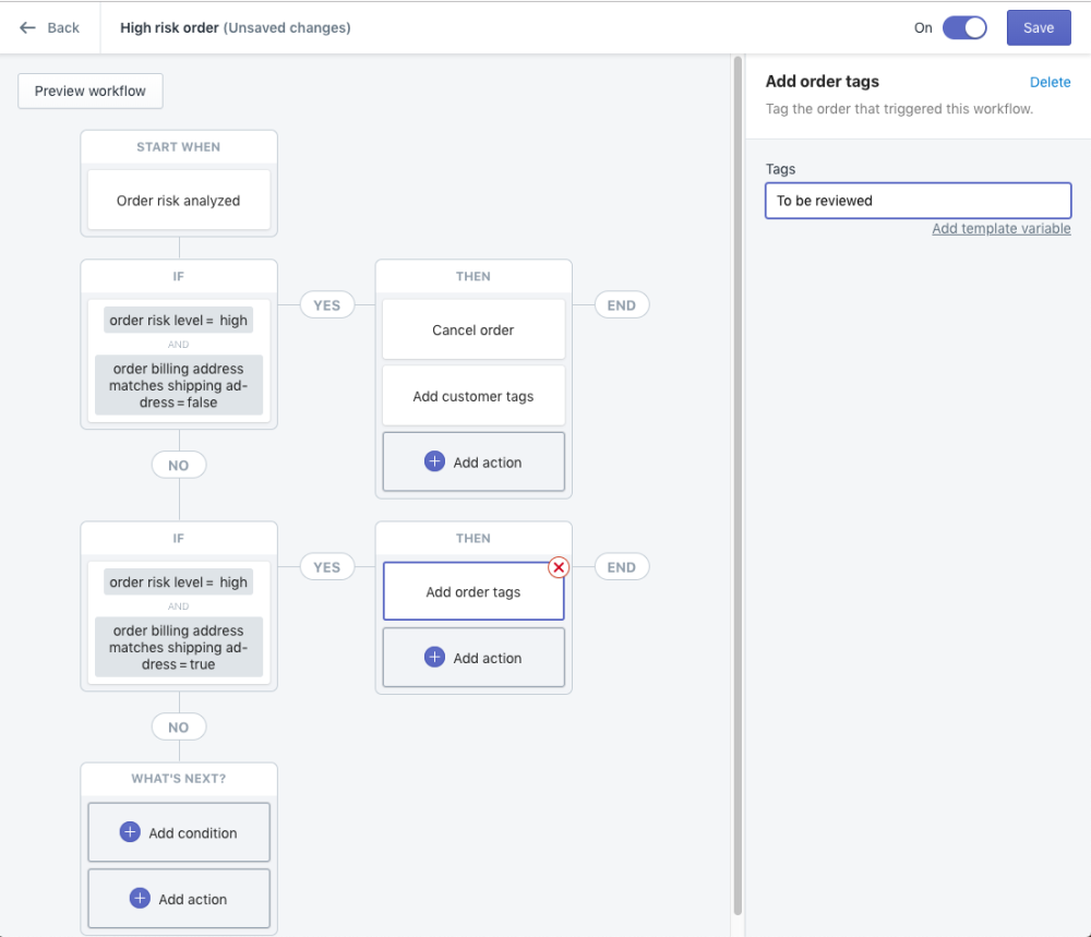 A screenshot of the example workflow where multiple conditions and actions are being used.